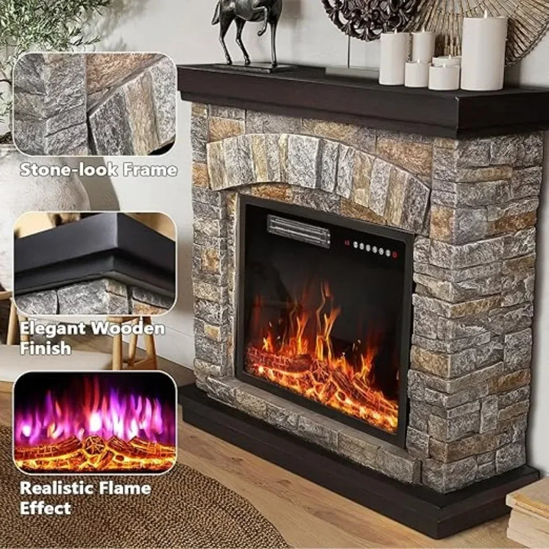 Fireplace with Mantel,Freestanding Stone Fireplace Heater TV Stand with Remote Control, Realistic Flame Effect and 3D Log