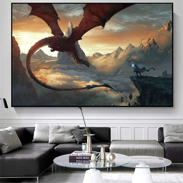 Fantasy Dragon and Cavaliers Picture and Poster Magic World Canvas Painting Mysterious Unique Wall Art War Furnishing Home Decor