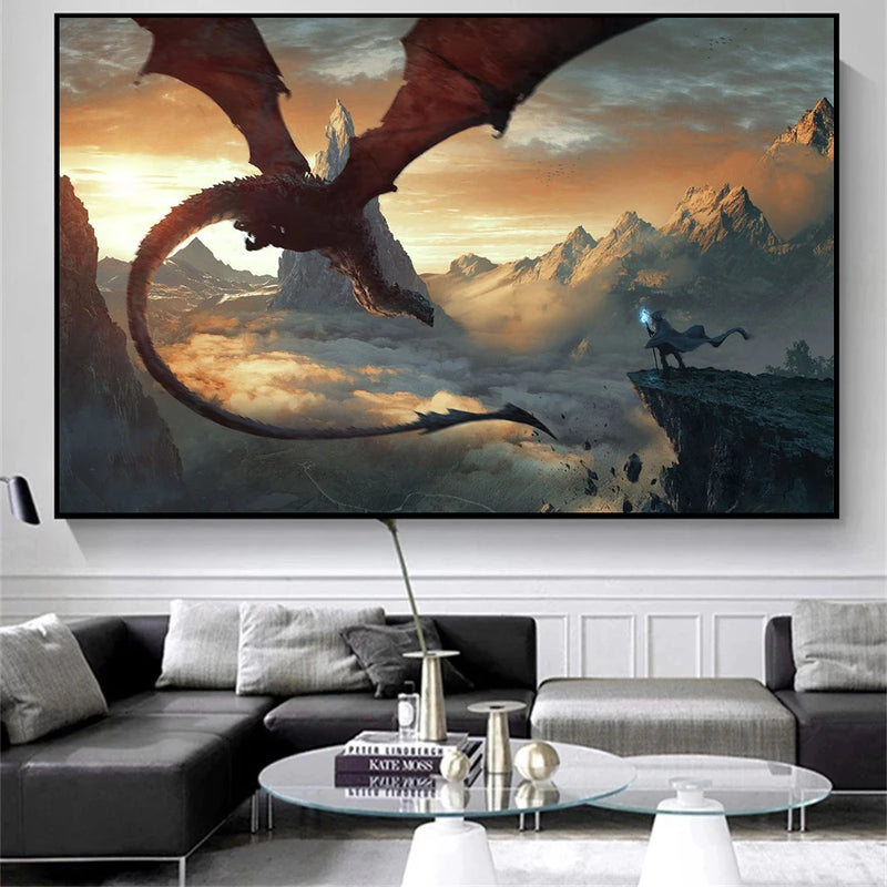Fantasy Dragon and Cavaliers Picture and Poster Magic World Canvas Painting Mysterious Unique Wall Art War Furnishing Home Decor