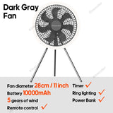 Outdoor Camping Fan Rechargeable Desktop 10000mAh Portable Circulator Wireless Ceiling Electric Fan with Power Bank LED Lighting