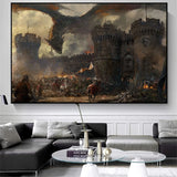 Fantasy Dragon and Cavaliers Picture and Poster Magic World Canvas Painting Mysterious Unique Wall Art War Furnishing Home Decor