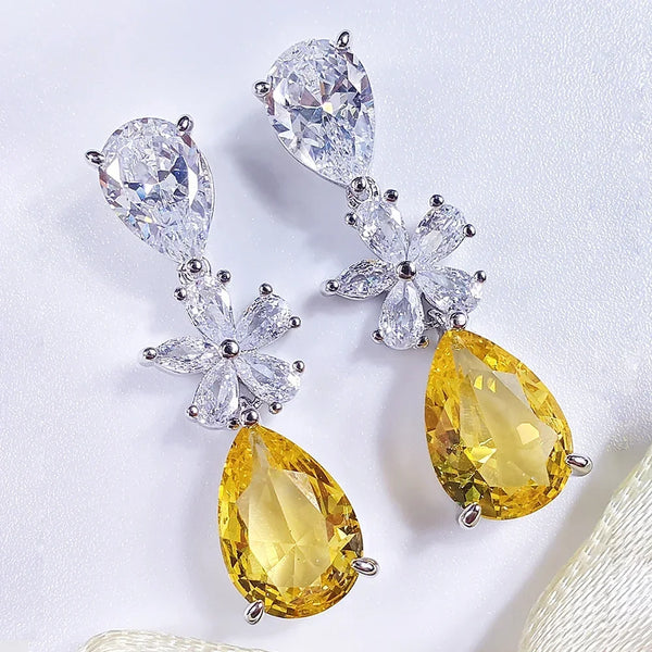 Elegant Yellow Cubic Zirconia Drop Earrings for Women Crystal Flower Sparkling Temperament Lady Earrings Wedding Jewelry E2175