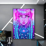 Cyber Punk Anime Neon Cool Girl Poster Aesthetic Purple Canvas Painting Wall Art Prints Pictures Gamer Room Home Decoration