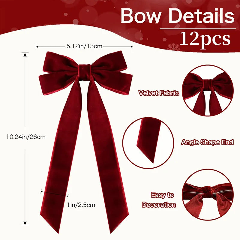 12pcs Christmas Bow Decorations Velvet Ribbons Xmas Wreaths Gift Ties Diy Home Holiday Decorations Pendants Party Supplie