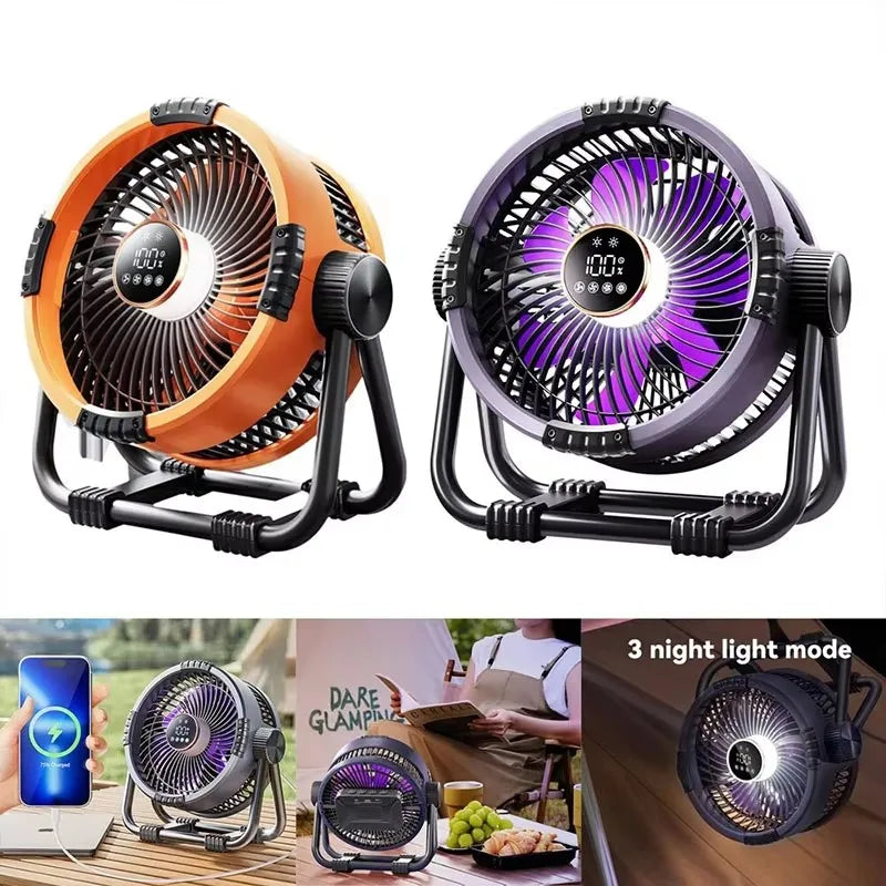 Upgraded 6-in-1 camping fan 20000mAh rechargeable battery portable outdoor fan 4-speed air circulator with hook and LED NEW