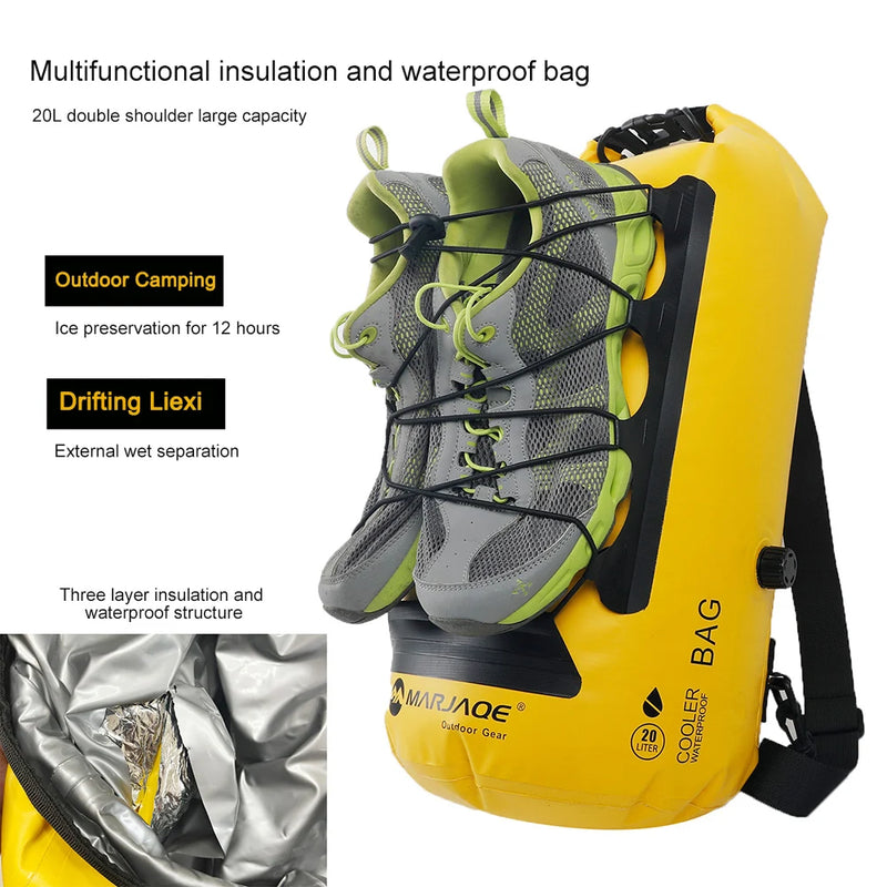 20L Outdoor Storage Backpack Dry Wet Separation Roll Top Closure Sack Waterproof Leakproof for Kayaking Rafting Boating Swimming