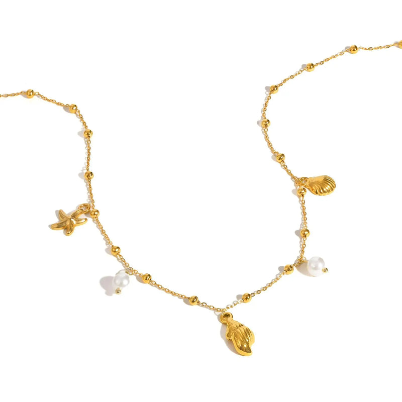 Vnox Ocean Style Stainless Steel Pearl Conch Necklace Summer Jewelry For Women Girl Gold Color Bead Chain Cool Collar Heart Tail