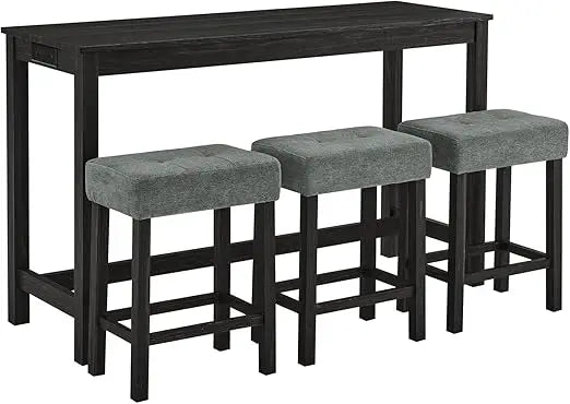 59'' Industrial 4 Piece Bar Table Set with Power Outlet, 3 Padded Stools for Kitchen, Living Room, Dining Room, Brown