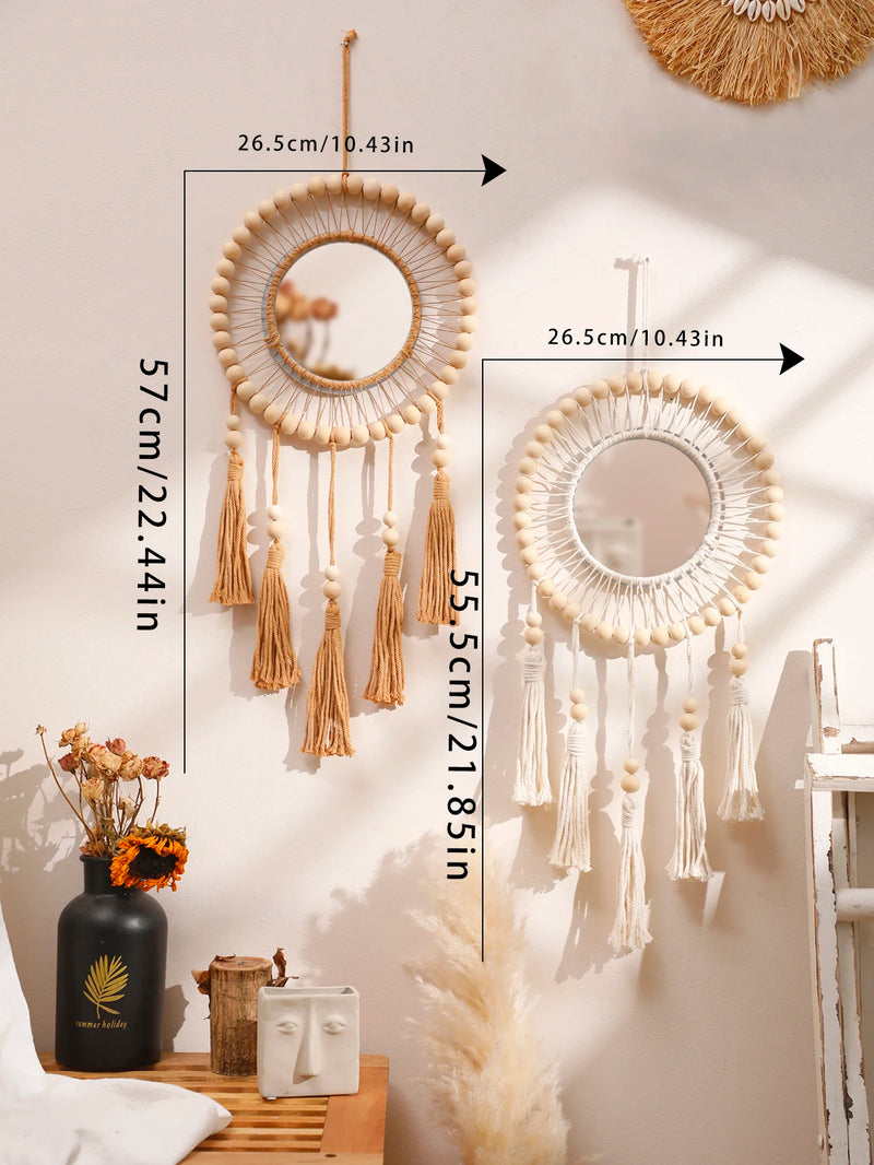 Wall Mirror Macrame Wooden Beads Decorative Mirrors Boho Home Decoration Room Decors Aesthetic Wall Art For Living Room Bedroom
