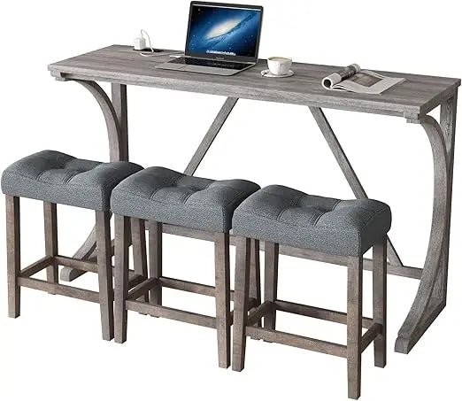 59'' Industrial 4 Piece Bar Table Set with Power Outlet, 3 Padded Stools for Kitchen, Living Room, Dining Room, Brown