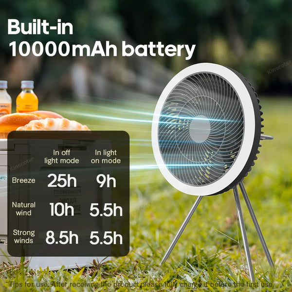 Outdoor Camping Fan Rechargeable Desktop 10000mAh Portable Circulator Wireless Ceiling Electric Fan with Power Bank LED Lighting