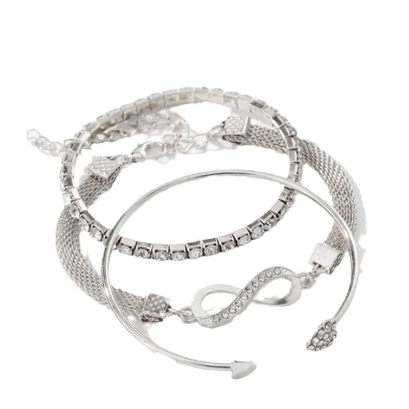 Vintage Set Silver Color Crystal Rhinestone Heart Bracelets for Women Fashion Geometric Adjustable Infinity Cuff Bangle Jewelry