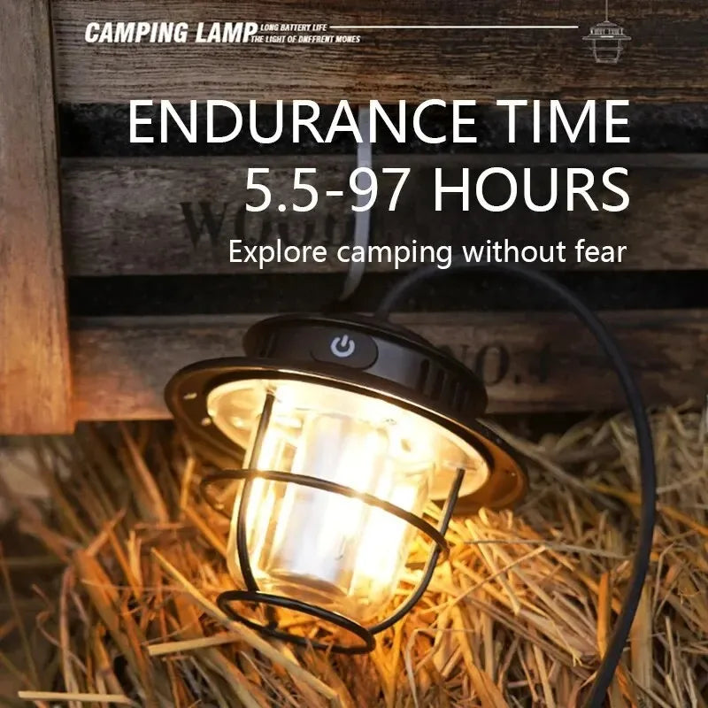 LED Camping Lantern Retro Hanging Light Portable Stepless Dimming Waterproof Rechargeable Outdoor Camping and Emergency Lighting
