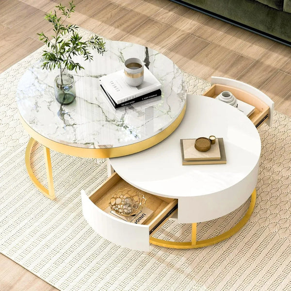 Coffee Table, Modern Round Nesting Coffee Table with Drawers Easy To Assemble, Circle Coffee Tables for Living Room