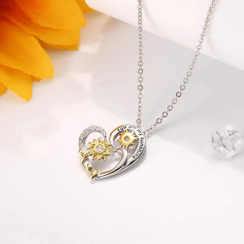 Fansilver Pendant Necklace S925 Sterling Silver Chain Gold Plated Sunflower Heart Chain with Shiny Cubic Zirconia Cute Jewelry