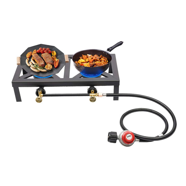 Double Propane Gas Burner Stove for Camping & Outdoor Cooking with Regulator Hose, Durable Iron Construction 0-10PSI