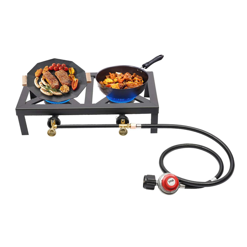 Double Propane Gas Burner Stove for Camping & Outdoor Cooking with Regulator Hose, Durable Iron Construction 0-10PSI