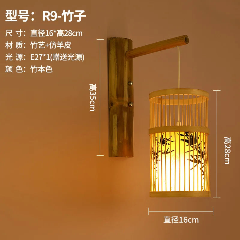 Classic Bamboo Wood Lustre Wall Sconce Lamp Rustic Ceiling Rattan Wicker Light Handmade Art Craft for Home Living Bed Room Decor