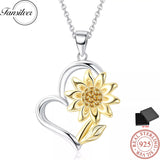 Fansilver Pendant Necklace S925 Sterling Silver Chain Gold Plated Sunflower Heart Chain with Shiny Cubic Zirconia Cute Jewelry