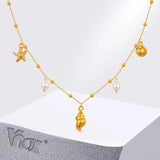 Vnox Ocean Style Stainless Steel Pearl Conch Necklace Summer Jewelry For Women Girl Gold Color Bead Chain Cool Collar Heart Tail