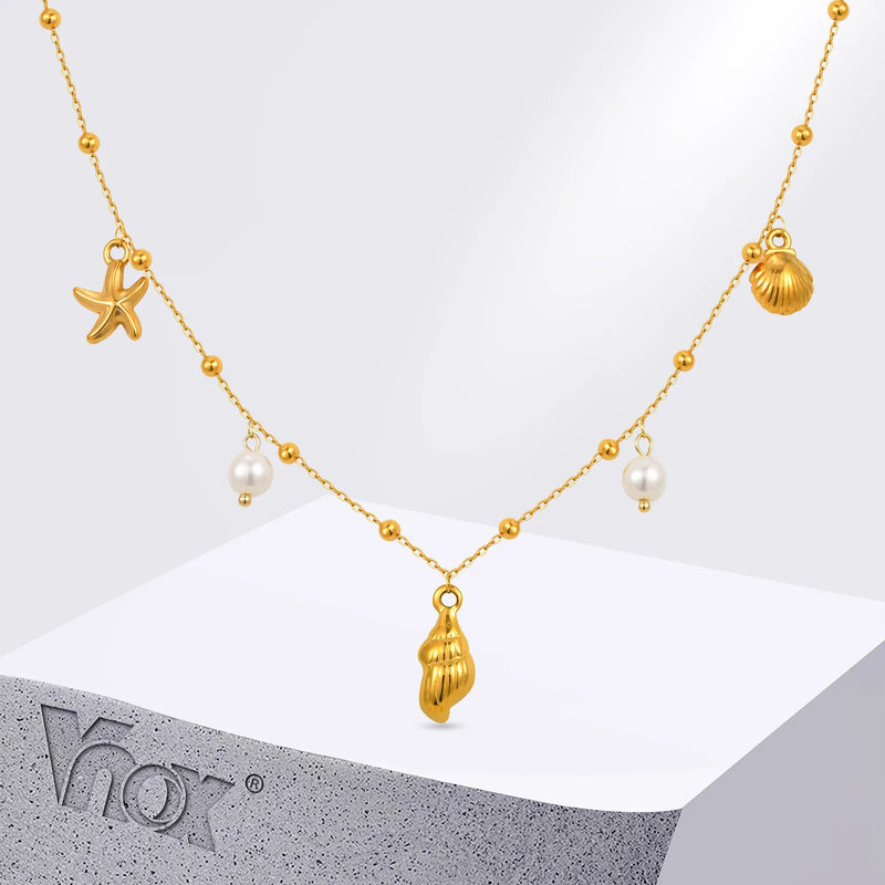Vnox Ocean Style Stainless Steel Pearl Conch Necklace Summer Jewelry For Women Girl Gold Color Bead Chain Cool Collar Heart Tail
