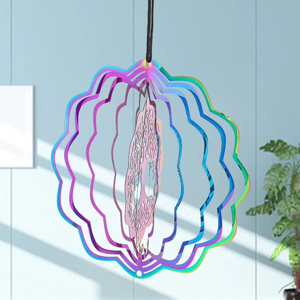 Gradient Color Wind Spinner Tree of Life Rotating Hanging 3D Mirror Wind Chimes Catcher Attachment Bird Deterrent Garden Decor