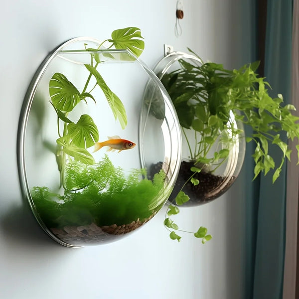 Classic Round Geometric Pattern Plastic Wall Hanging Vase with Plant Stand Wall Decor for Green Plants and Flowers, Fish Bowl