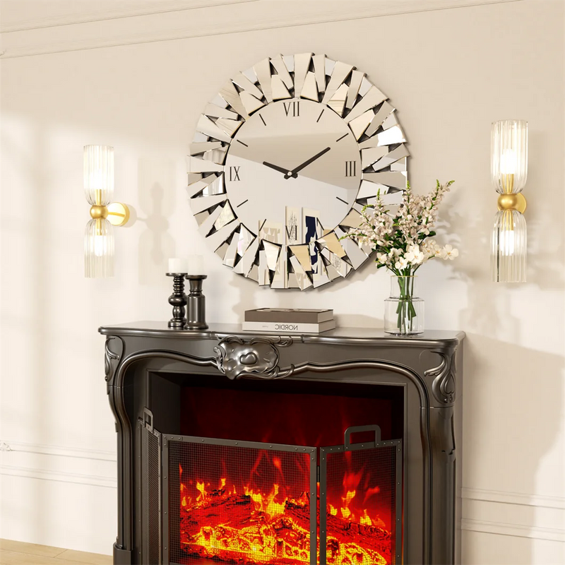 Large Wall Clock 3D Mirrored Clocks Sunburst Edge 32"/80CM Round Roman Numeral Modern Living Room Dining Room Fireplace Decor