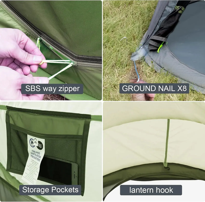 Green & Grey 110*78*51''4 Person Easy Pop Up Tent Waterproof Automatic Setup 2 Doors-Instant Family Tents for Camping Hiking & T