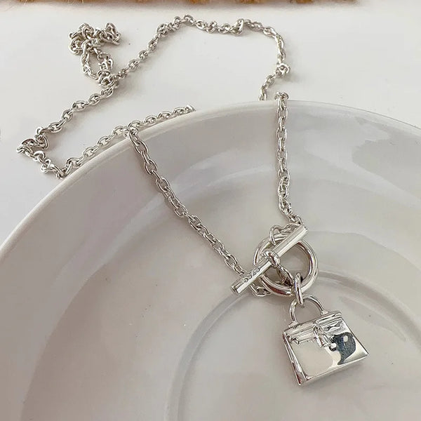 Sam Panda 925 Sterling Silver Bag Buckle Lock Necklace For Women Gift Irregular Trendy Jewelry Accessories Dropshipping