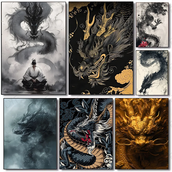 Asian Ink Style Dragon Shadow Waves Art Poster HD art sticky wall waterproof home living room bedroom bar aesthetic decoration
