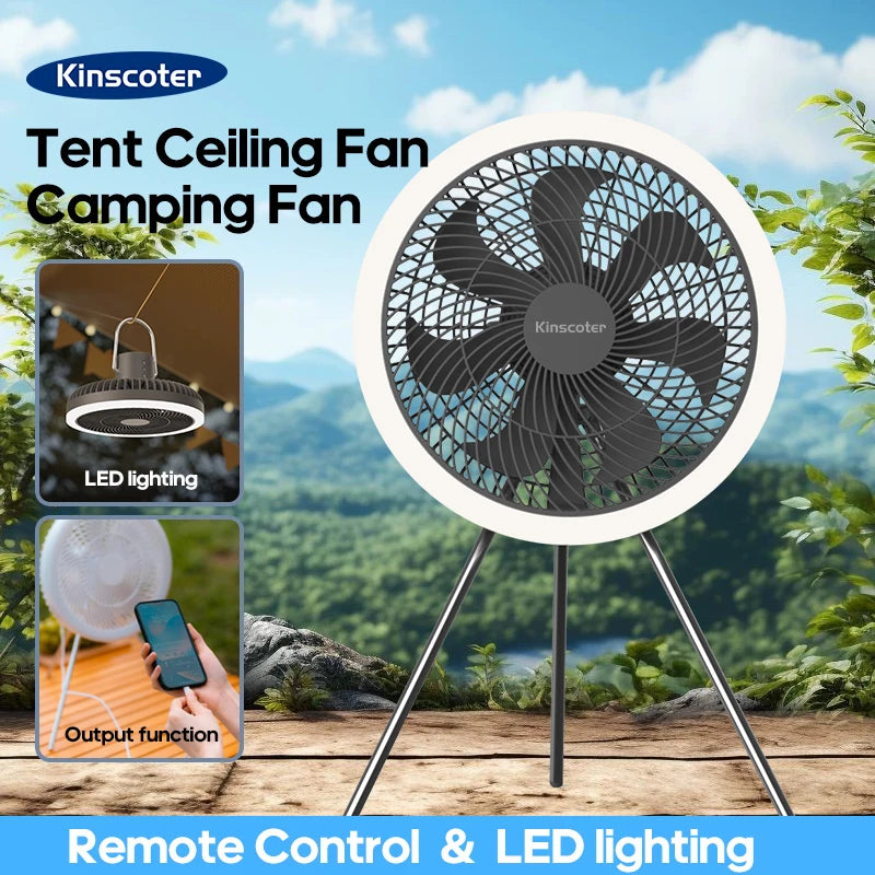 Outdoor Camping Fan Rechargeable Desktop 10000mAh Portable Circulator Wireless Ceiling Electric Fan with Power Bank LED Lighting