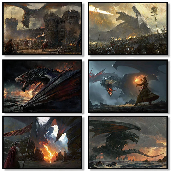 Fantasy Dragon and Cavaliers Picture and Poster Magic World Canvas Painting Mysterious Unique Wall Art War Furnishing Home Decor