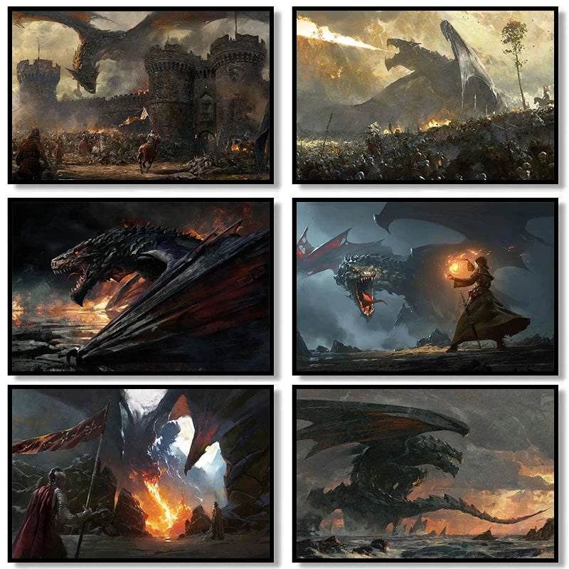 Fantasy Dragon and Cavaliers Picture and Poster Magic World Canvas Painting Mysterious Unique Wall Art War Furnishing Home Decor