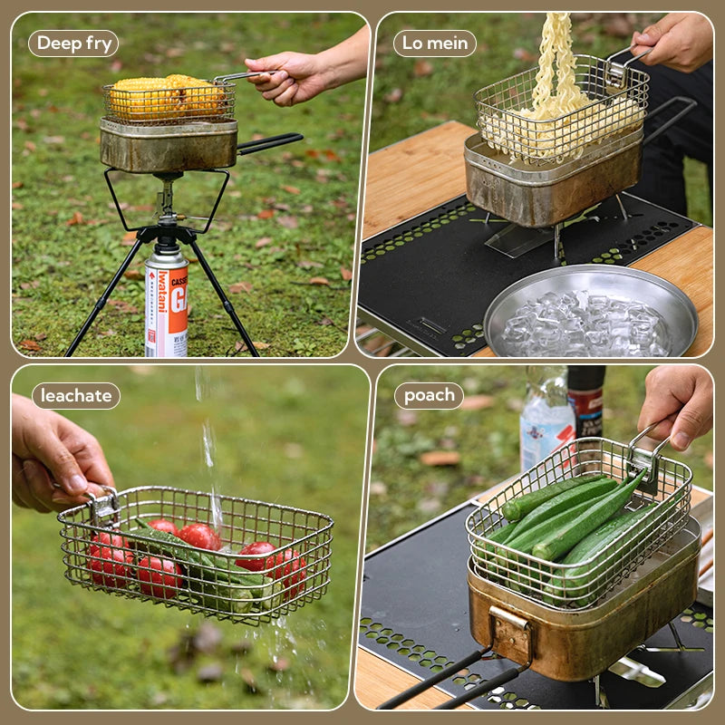 CAMPINGMOO S-1218 Outdoor Fried Nets and Baskets, Camping Folding 304 Stainless Steel Fried French Fries, Picnic Lunch Boxes