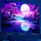Mountain Moon Blacklight Tapestry UV Reactive Glow in The Dark Tree  Neon Tapestry Wall Art Decor Aesthetic Party Backdrops
