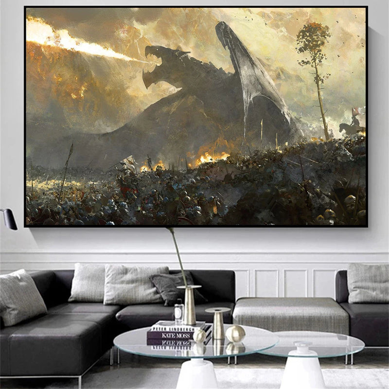 Fantasy Dragon and Cavaliers Picture and Poster Magic World Canvas Painting Mysterious Unique Wall Art War Furnishing Home Decor