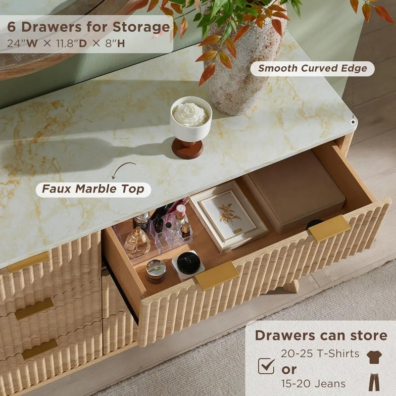FlutedDresser, Modern Chest of Drawers with Faux Marble Top, Curved Profile Design, Wood Drawer Organizer for Bedroom