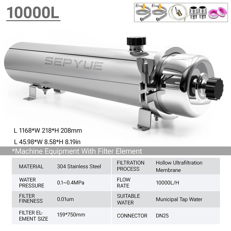 SEPYUE Whole House High Flow Water Filter System 1000L-8000L Stainless Steel Mineral Water Filter Reusable PVDF Lasts 5 Years