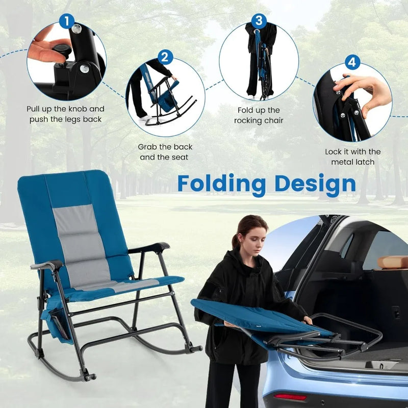 Oversized Folding Rocking Chair, Padded Patio Lounge Rocker w/Metal Frame, Armrests, Side Pocket, Lightweight Portable Rocking