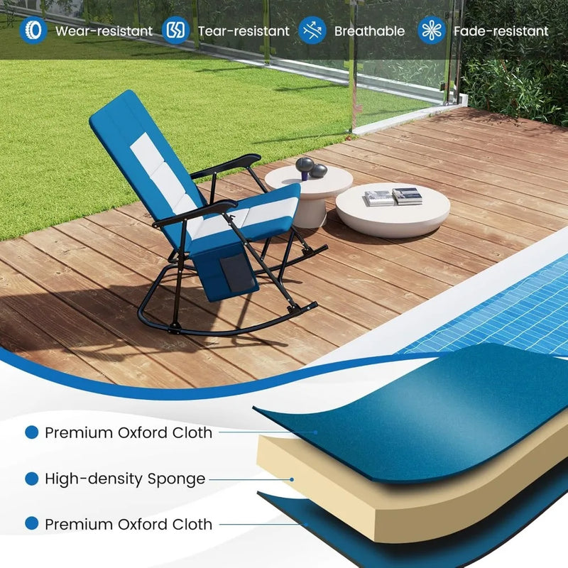 Oversized Folding Rocking Chair, Padded Patio Lounge Rocker w/Metal Frame, Armrests, Side Pocket, Lightweight Portable Rocking