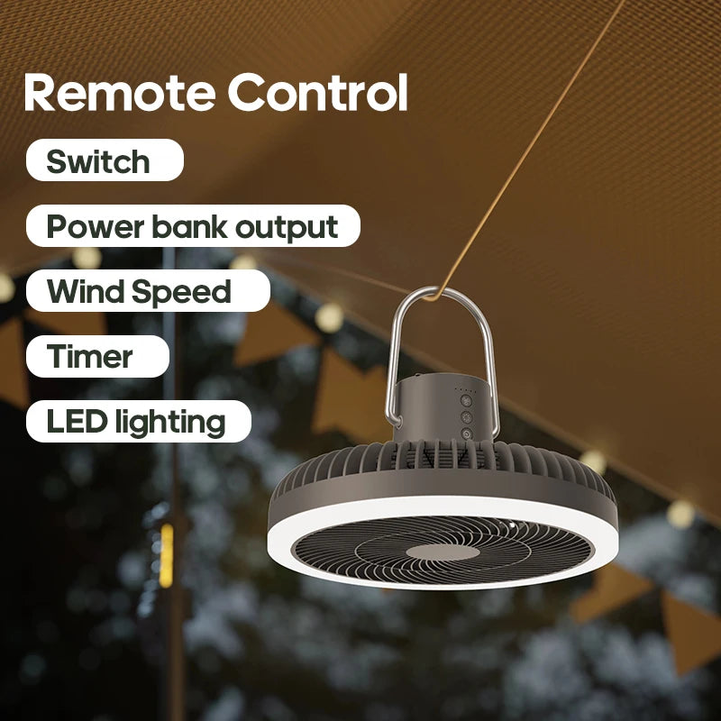 Outdoor Camping Fan Rechargeable Desktop 10000mAh Portable Circulator Wireless Ceiling Electric Fan with Power Bank LED Lighting