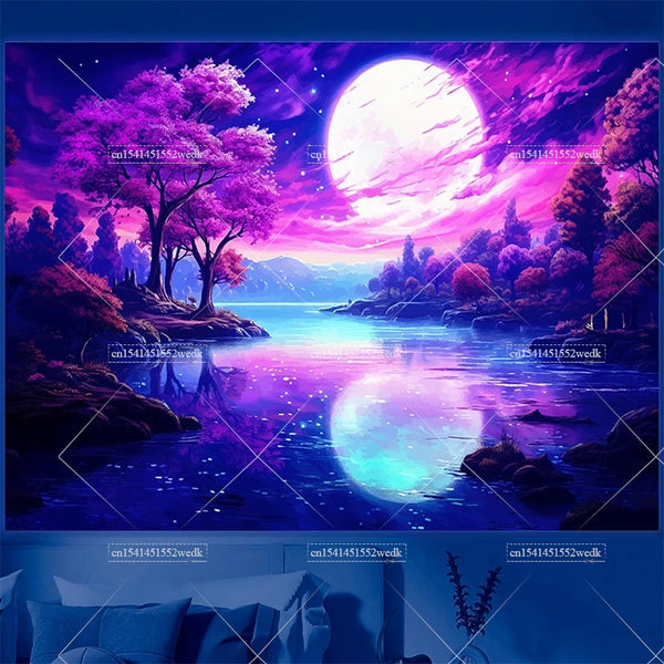 Mountain Moon Blacklight Tapestry UV Reactive Glow in The Dark Tree  Neon Tapestry Wall Art Decor Aesthetic Party Backdrops