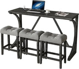 59'' Industrial 4 Piece Bar Table Set with Power Outlet, 3 Padded Stools for Kitchen, Living Room, Dining Room, Brown