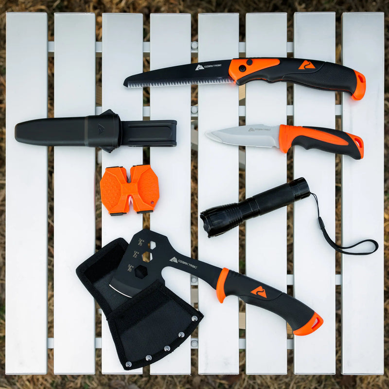 Ozark Trail 7-Piece Camping Tool Set with Hammer, Axe, Flashlight, and Knives, Batteries Included