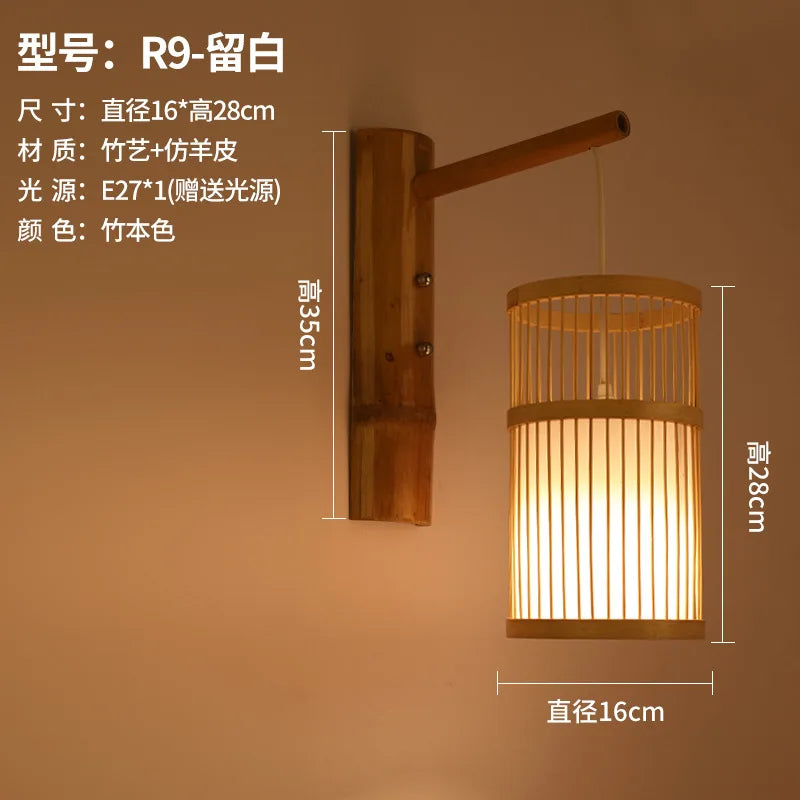 Classic Bamboo Wood Lustre Wall Sconce Lamp Rustic Ceiling Rattan Wicker Light Handmade Art Craft for Home Living Bed Room Decor