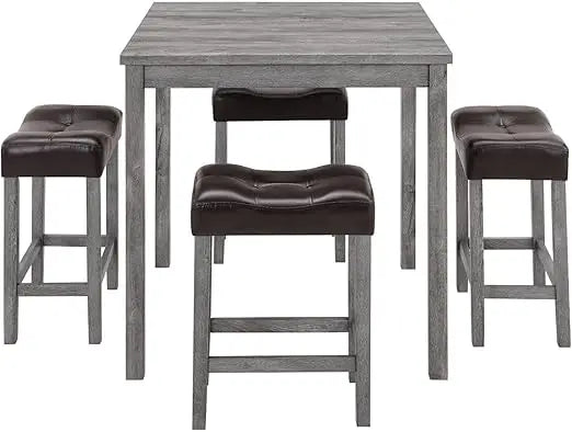 59'' Industrial 4 Piece Bar Table Set with Power Outlet, 3 Padded Stools for Kitchen, Living Room, Dining Room, Brown