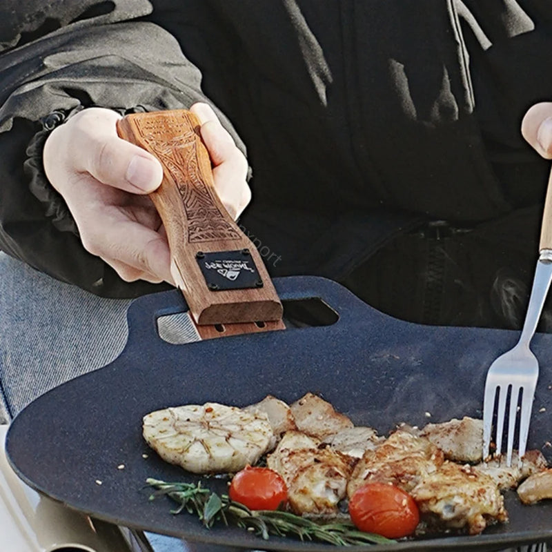 Outdoor Grill Pan Handle Anti-scalding Solid Wood Handle Bayonet Adjustable Heat Resistant Insulated Grip Outdoor Camping Tool