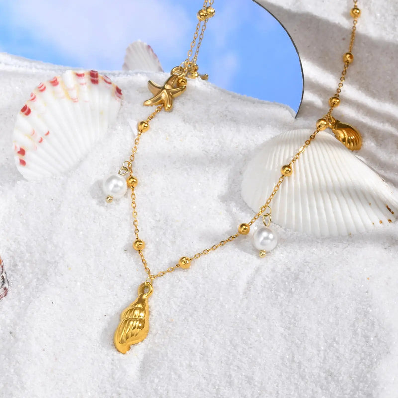 Vnox Ocean Style Stainless Steel Pearl Conch Necklace Summer Jewelry For Women Girl Gold Color Bead Chain Cool Collar Heart Tail