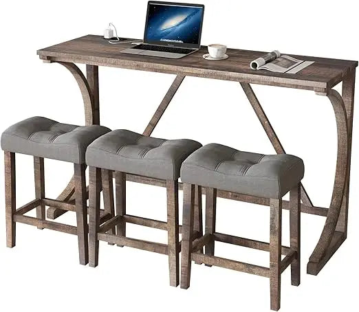 59'' Industrial 4 Piece Bar Table Set with Power Outlet, 3 Padded Stools for Kitchen, Living Room, Dining Room, Brown